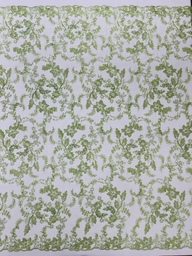 Flower Metallic Lace Fabric Sage Green Corded Floral Sequins Design Fabric Yard - Picture 3 of 6