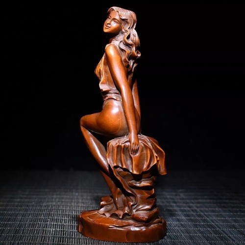 Chinese Boxwood Wood Carving Sexy Beautiful Woman Statue Wooden Sculpture decor - Picture 10 of 18