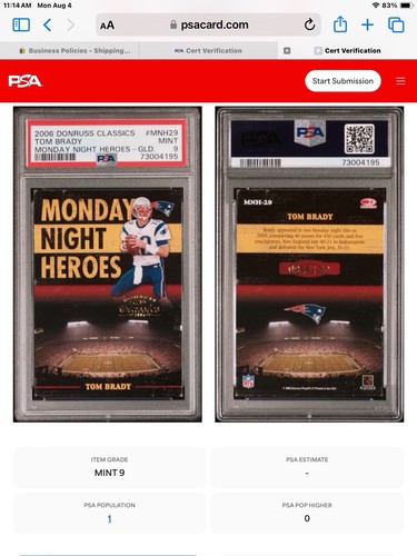 2006 donruss classics MNH29 tom brady; gold /100 monday night PSA 9 (POP 1, 0^) - Picture 3 of 4