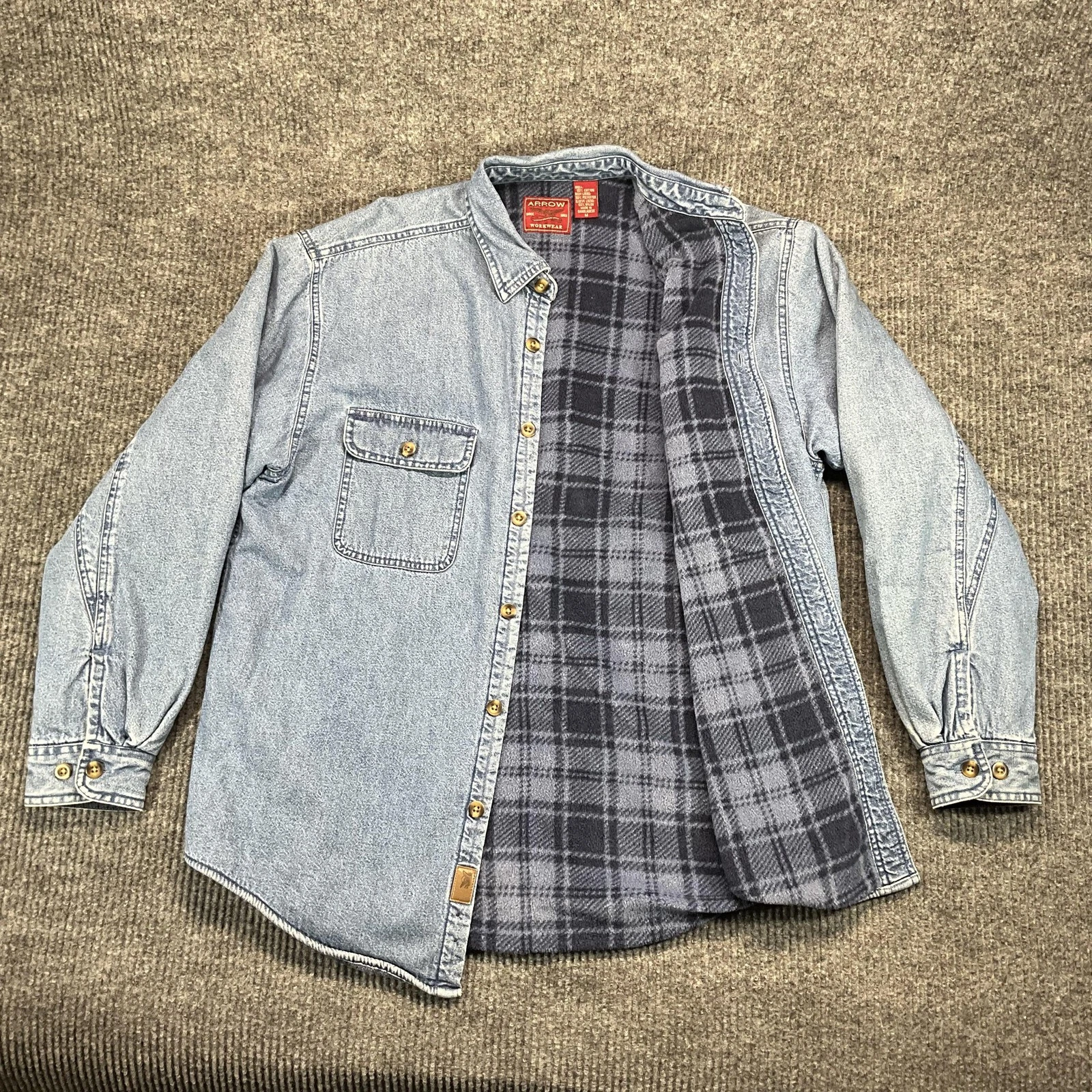 Arrow Jacket Mens Medium Blue Denim Plaid Fleece Lined Button Front Workwear