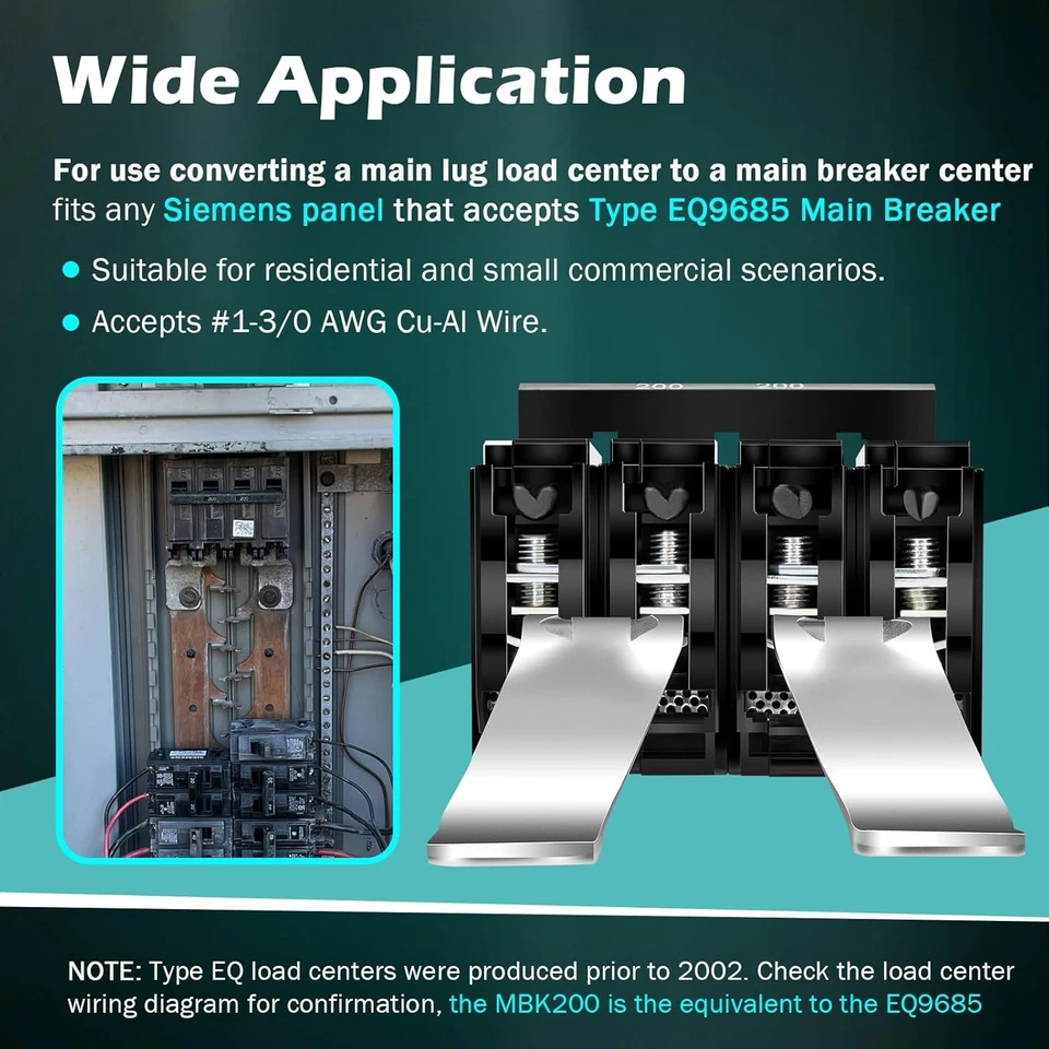 Kit de conversión de interruptor principal de 2 polos #MBK200 200 amperios para centros de carga Siemens EQ Foto 3 de 4