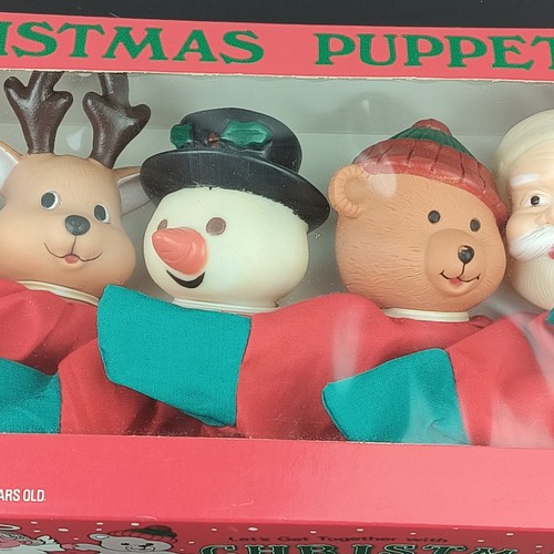 Vintage Christmas Hand Puppet Set In Original Box Santa Reindeer Snowman Angel - Picture 3 of 12