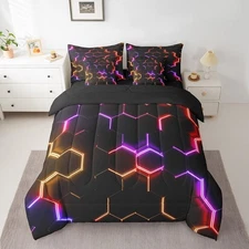 Yellow Purple Black Print 7 Piece Bedding Set Twin Size Hexagonal Comforter S...