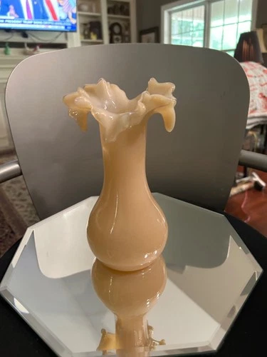 Vintage Fenton Rose overlay ruffled vase hand blown 1943-1948.  Pale pinksalmon