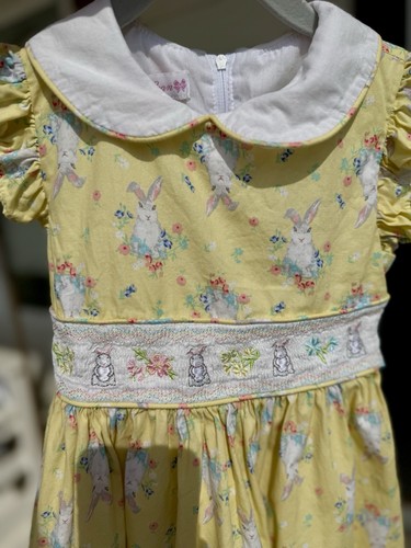 5T Easter Embroidered Smocked Bunny Dress Yellow Toddle Girl Peter Pan Collar - Picture 2 of 3