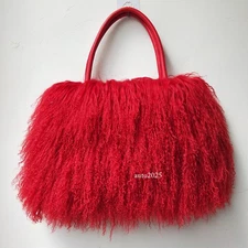 Women's 100% Real Mongolian Lamb Sheep Fur Bag Single Shoulder Leather Bag sz