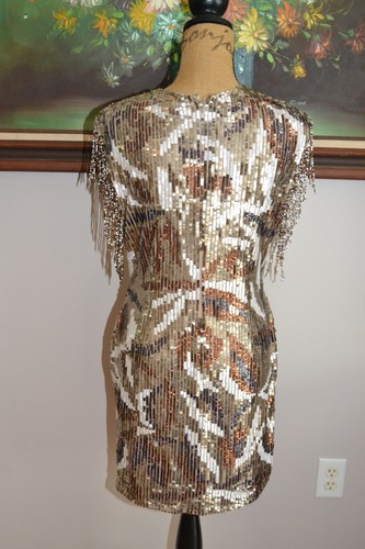 Jay Godfrey Deep V-neck Gold shimmer Beaded Fringe sequin Mini dress, sz 12 - Picture 9 of 12