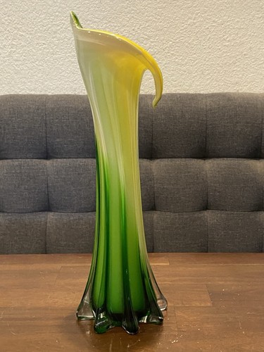 Vintage Jack In The Pulpit Hand Blown Green & Yellow Calla Lily Vase 12" - Picture 10 of 14