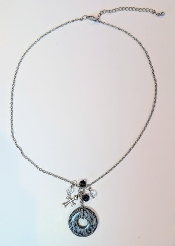Necklace Womens Boho Snowflake Round Obsidian Pendant Black and White - Picture 3 of 4