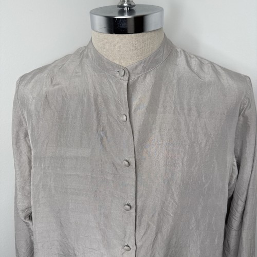 Eileen Fisher L Silk Blouse Beige Button Tunic Top Shirt Long Sleeve Side Slit - Picture 2 of 7