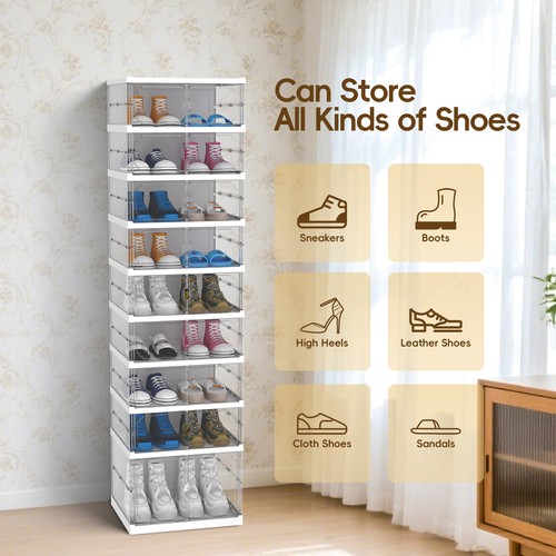 Shoe Storage Organizer Box 9-Tier Foldable Collapsible Stackable Shoe Rack Bins - Picture 13 of 29