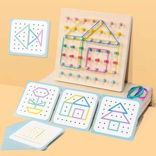 Wooden Geoboard with Bands with Pattern Cards Early Development DIY Creative Toy