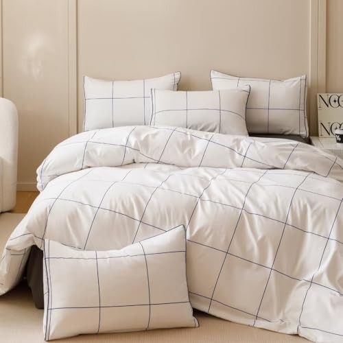 Plaid Comforter Set 3Pcs White Blue Bedding Comforter Queen White Blue Plaid - Picture 5 of 7