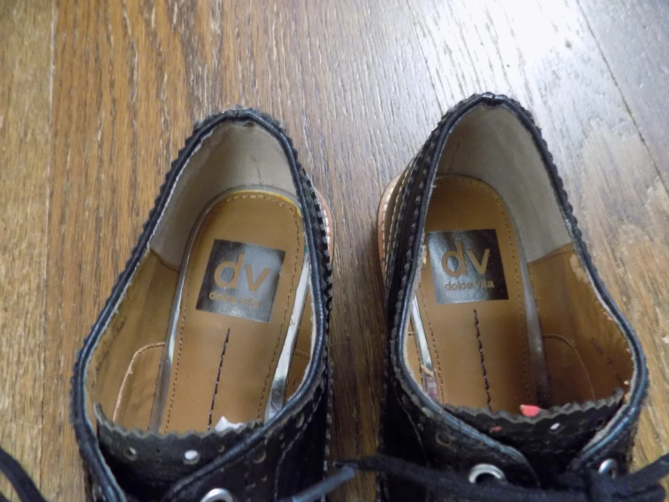 Dolce Vita RETRO Brogue Wingtip Oxford Lace Loafers Black Metallic Silver Tip 7 - Image 3 of 4