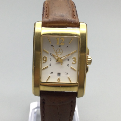 Mercedes-Benz Tank Watch Women 25mm Gold Tone Date Leather Band 