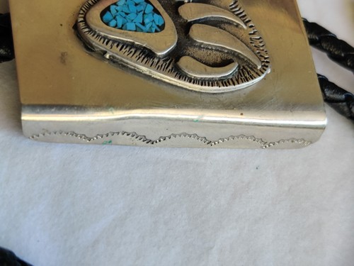 Vintage Turquoise Bear Paw Inlay Bolo Tie 2" Silver 36" Cord - Picture 4 of 9