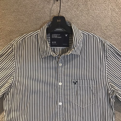 Camicia American Eagle The Eagle Oxford vintage vestibilità a righe grigio bianco uomo taglia M - Foto 3 di 14