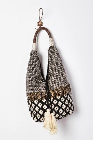 Jasper & Jeera Karina Hobo Tote Bag Ikat Geo Tapestry Black Ivory Anthropologie - Picture 1 of 15