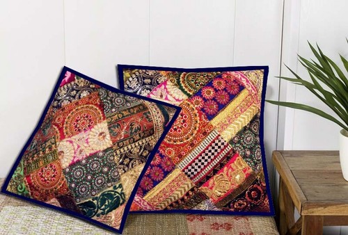 16"-2 VINTAGE SARI NEW HOME GIFT SEQUIN BEAD ACCENT FLOOR CUSHION PILLOW COVERS - Picture 10 of 14