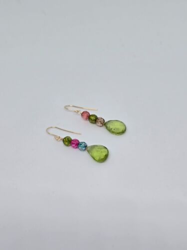Peridot Briolette Drop Dangle Earrings Agate 14k Yellow Gold or Sterling Silver - Picture 3 of 9