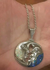 Vintage 950 Sterling Double Cresent Man In The Moon Opal Pendant On 18" Sterling
