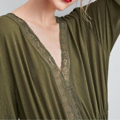 Zara Women Midi Dress M Medium Green VNeck Long Sleeve Elastic Waist 9170/558 - Picture 4 of 12