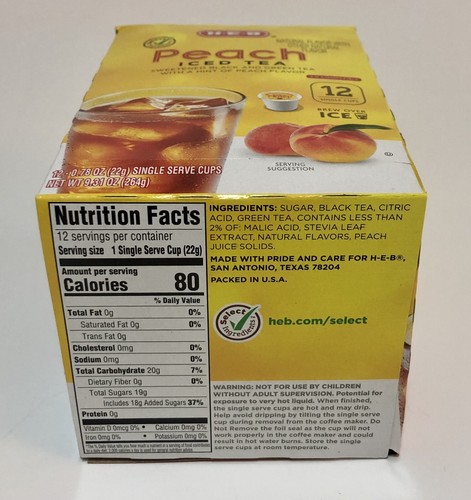 (1) Caja HEB K-Cup Vainas Té Helado de Melocotón Dulce 12/Caja Keurig 2.0 H-E-B Texas - Imagen 4 de 5