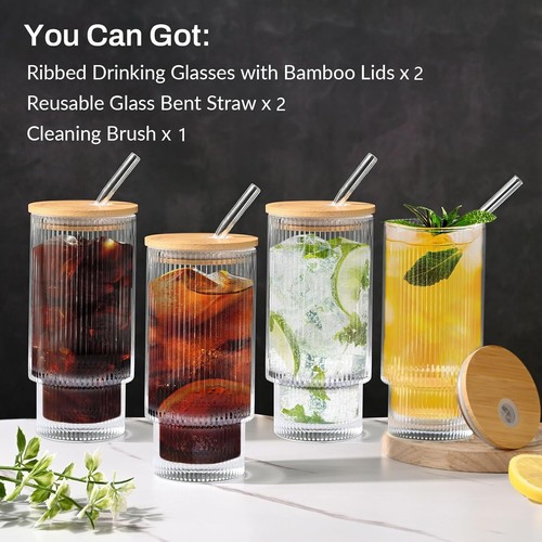 16OZ Ribbed Glass Cups with Lids and Straws,Iced Coffee Cups with Bamboo Lid,Vin - Picture 3 of 11