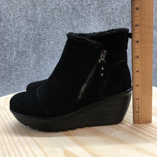 Skechers Winter Boots Womens 7 Black Leather Wedge Faux Fur Zipper 44758 - Picture 10 of 17