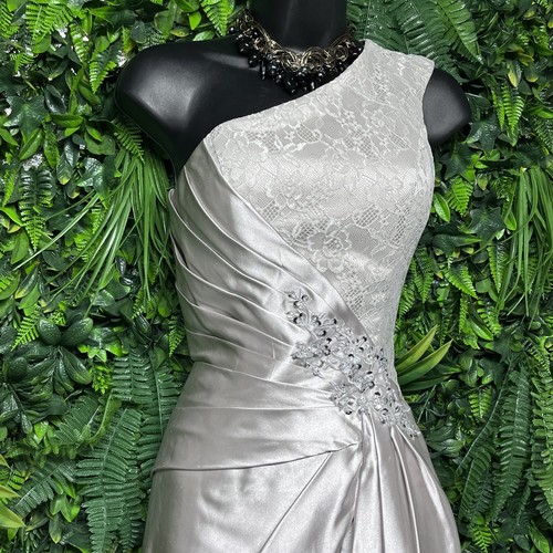 LAN TING BRIDE Dress Women 2 Silver Lace Gown One Shoulder Sequin Pleated 2572 - Picture 7 of 11