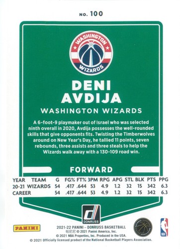 Deni Avdija 2021-22 Donruss Basketball 2nd Year Card #100 Washington Wizards NBA - Picture 2 of 2