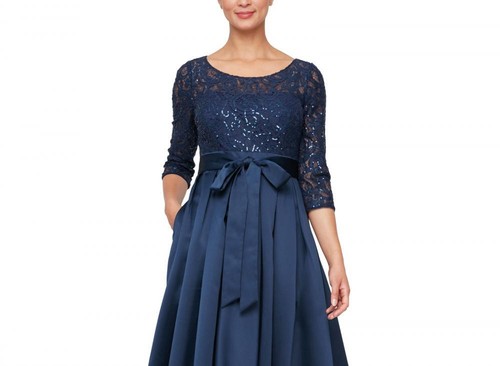 Alex Evenings Women's Long Ball Gown Dress Belted Solid 3/4 Sleeve Lace A2398 - Picture 2 of 23