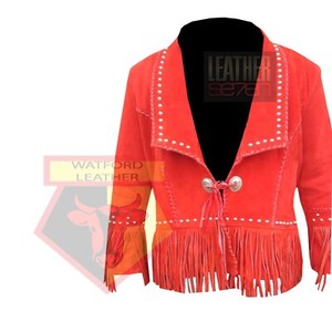 AMERICAN-WESTERN-STYLE-1059-RED-STUDDED-FRINGE-BEADED-SUEDE-LEATHER-JACKET