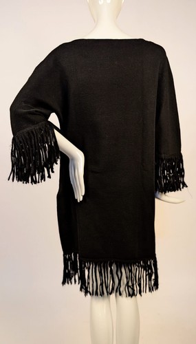VINTAGE 1970’S BLACK WOOL DRESS W STRING FRINGE BY CATHAL PARIS MADE IN FRANCE - Picture 3 of 4
