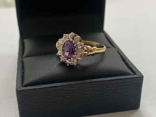 EXCELENTE ANILLO AMATISTA ORO 9CT VINTAGE Talla “P” DIAMANTE HALO RACIMO - Imagen 11 de 13