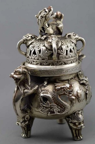 Chinese Buddhist Manual Old Silver Copper Dragon Lion Statues - Picture 2 of 5