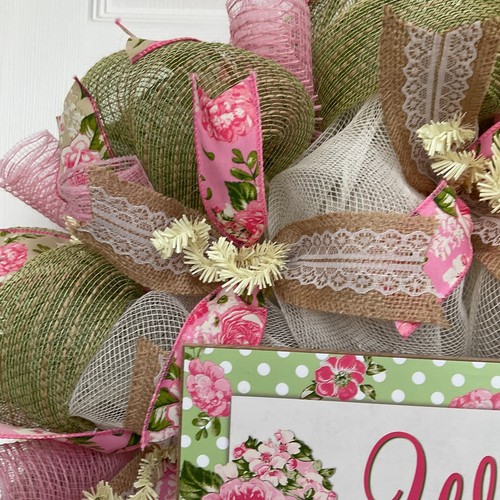 Mint and Pink Spring Floral Welcome Wreath Handmade Deco Mesh - Picture 4 of 4
