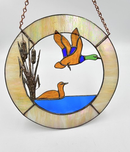 Vintage Handcrafted Stained Glass Suncatcher Panel TWO DUCKS 9.25" Round w Chain - Picture 5 of 11