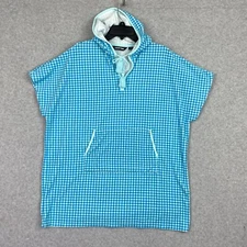 Lands End Swim Cover Up Womens S-M Blue Check Hooded Terry Knit Pouch Pocket
