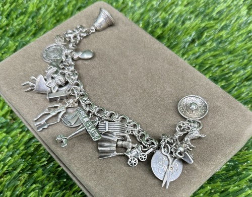 Vintage Antik Selten Sortiert 21 Charms Armband 925 Sterlingsilber Größe 6 - Bild 8 von 15