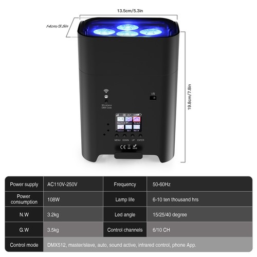 RGBWA UV Akku 108W Spot Wiederaufladbares LED Par DMX Bühnenlicht + Tragetasche - Bild 9 von 26