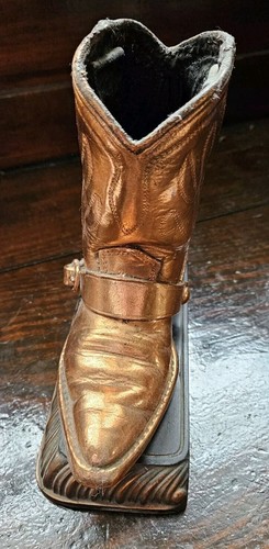 RARE ODDITY REAL Leather Childs Cowboy Boot Bronze Cast Paperweight Heirloom - Picture 3 of 7
