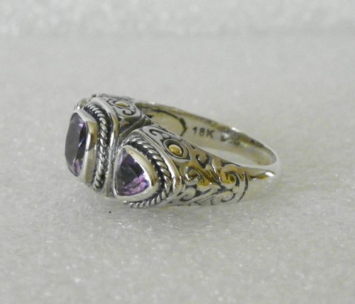 Oxidized Bali Design 3ct Pink Amethyst Sterling Silver & 18K 3-Stone Ring - 8 - Picture 6 of 6