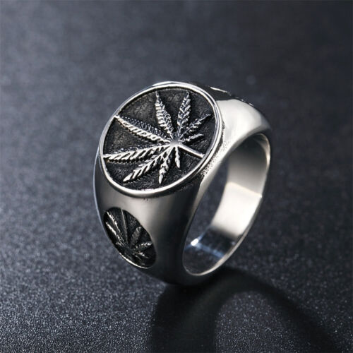 Men's Vintage Cannabis Leaf Ring Weed Stainless Steel Rock Hip Hop Gold Plated - Picture 20 of 25