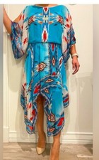 Vintage Collections Southwestern Aztec Blue Beaded Handkerchief Dress Sz S