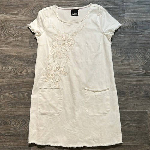 Nanette Lepore Floral Denim Dress White Embroidered Raw Hem Pockets Medium - Picture 3 of 10