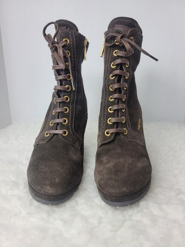 Prada Z4053 Linea Rossa Brown Suede Wedge Lace Up Ankle Boots 37.5 Made In Italy - Picture 2 of 10