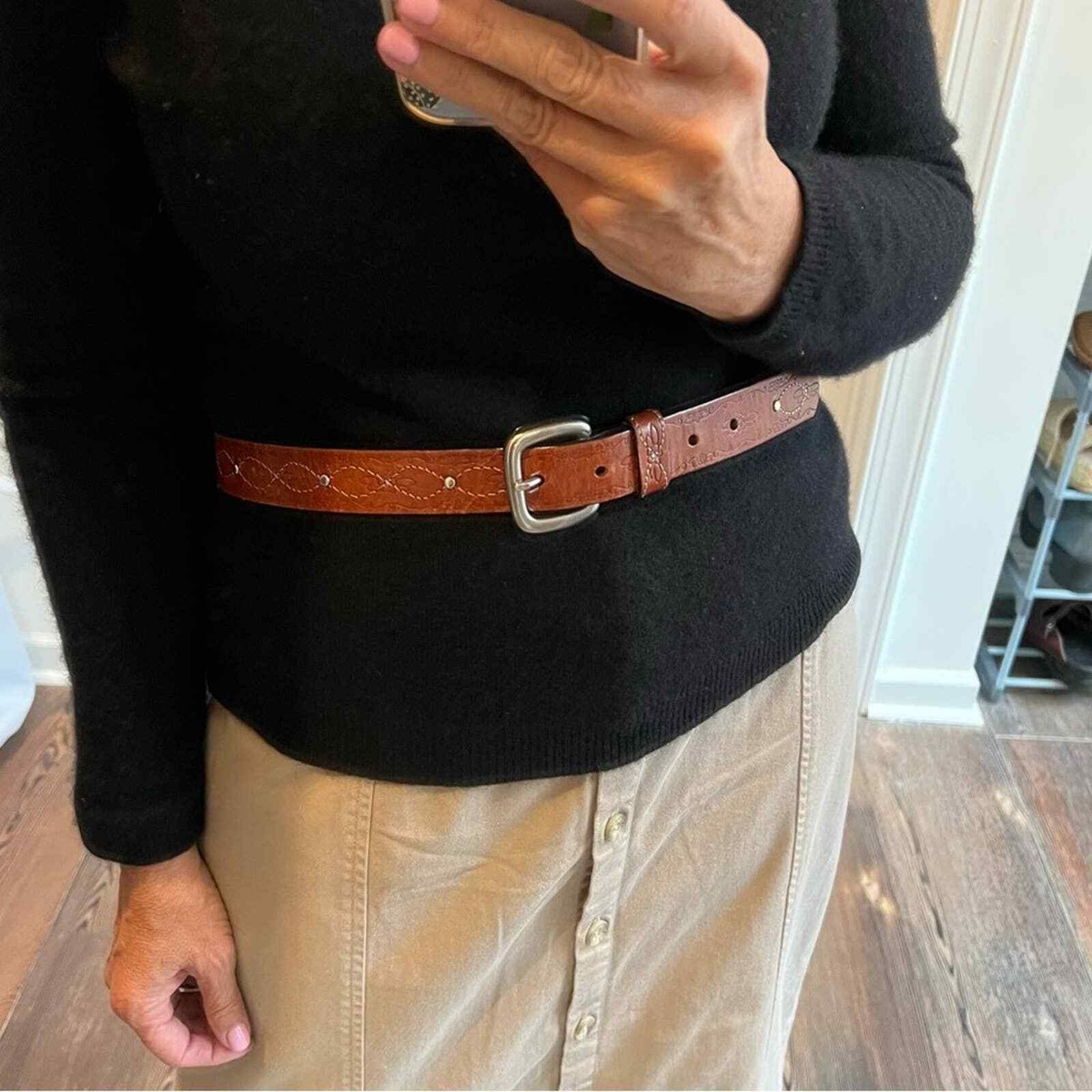 Vintage genuine leather brown belt stitches silver tone buckle size small Slick City Brown Belt | Full Grain Leather Dress Belt  main image 2