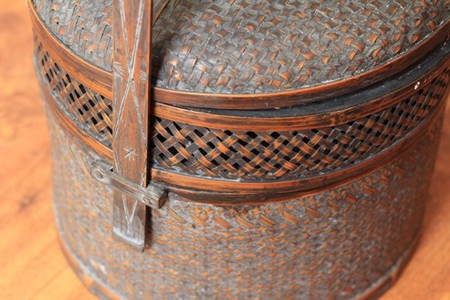 Antique Chinese Bamboo Food Basket with Wood Carved Handle - Picture 9 of 9