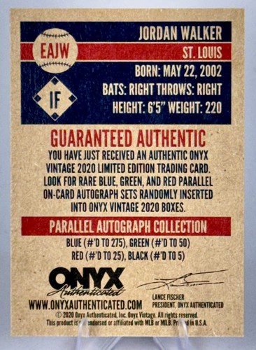 2020 Onyx Vintage Extended Jordan Walker RC Auto  /25 Autographs Red #EAJW - Picture 3 of 3
